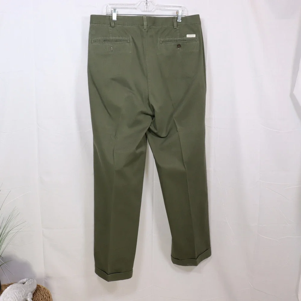 Daniel Cremieux Chino Pants 36x32 Green Mens Pleated Cuffed Cotton Trousers